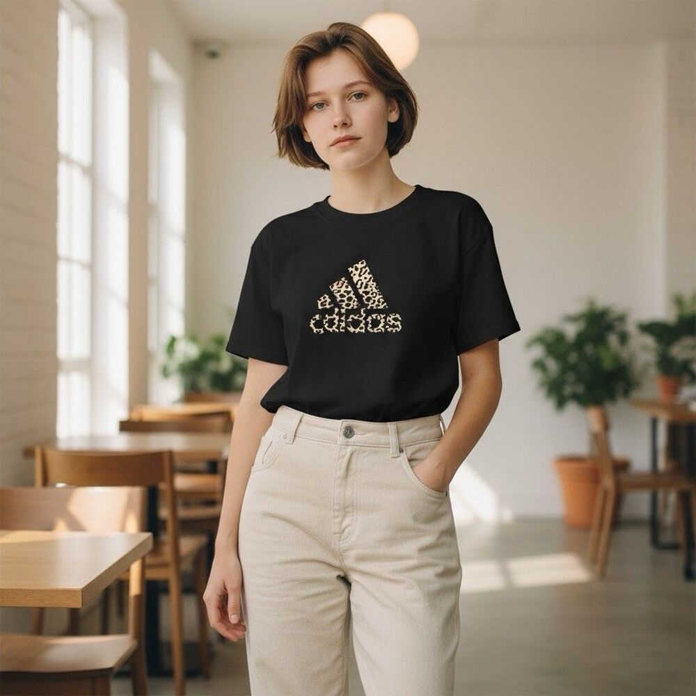 ADIDAS WOMENS AMPLIFIER TEE LEOPARD PRINT COTTON BLACK T-SHIRT LARGE SIZE